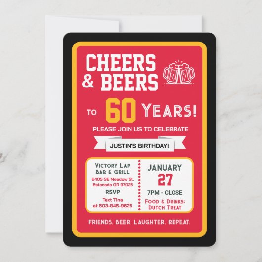 Sports Bar Birthday Cheers and Beers to 60 Years 招待状 (正面)