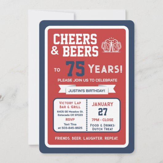 Sports Bar Birthday Cheers and Beers to 75 Years 招待状 (正面)