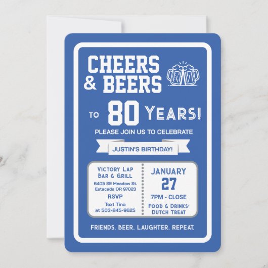Sports Bar Birthday Cheers and Beers to 80 Years  招待状 (正面)