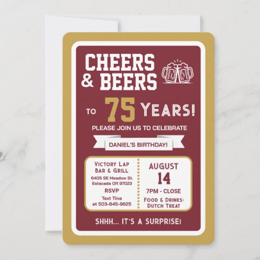 Sports Bar Surprise Party Cheers to 75 Years 招待状 (正面)