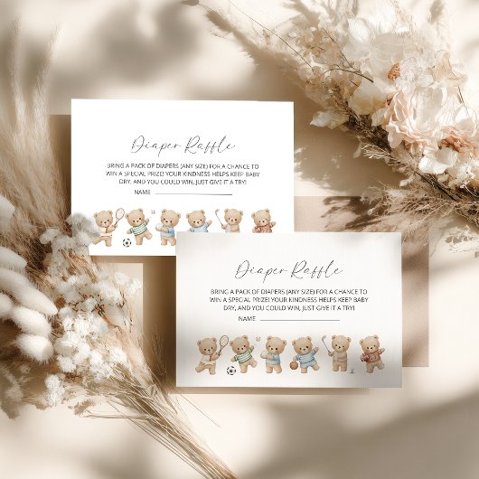 sports bear baby shower, bearly wait diaper raffle エンクロージャーカード