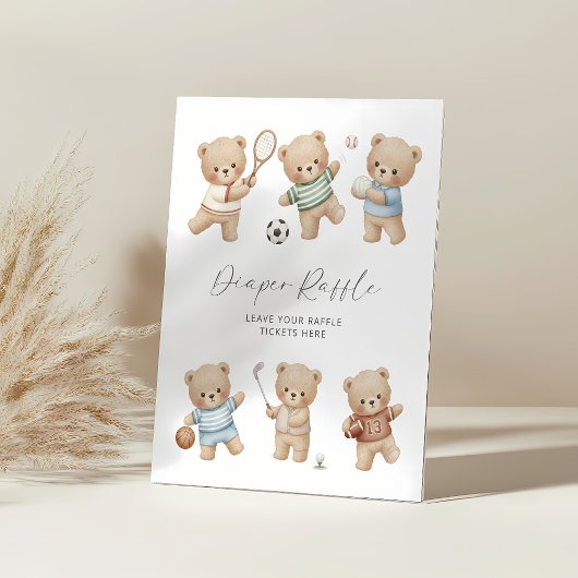 Sports bear baby shower diaper raffle sign 台座サイン