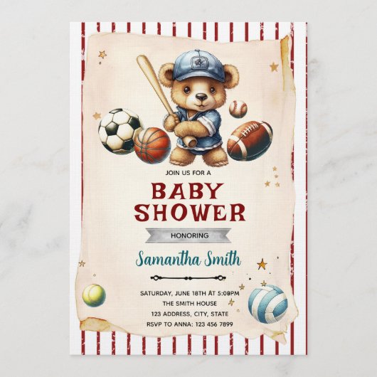 Sports Bearly Wait Baby Shower Invitation 招待状 (正面)