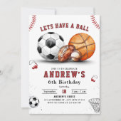 Sports Birthday Invite, Basketball Football Soccer 招待状 (正面)