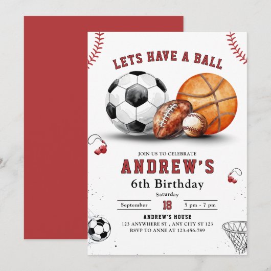 Sports Birthday Invite, Basketball Football Soccer 招待状 (正面/裏面)