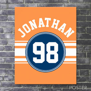 Sports Jersey Blue and Orange Stripes Name Number ポスター