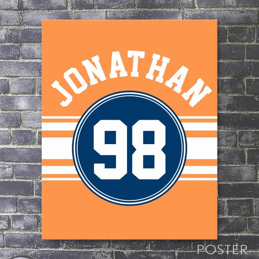 Sports Jersey Blue and Orange Stripes Name Number ポスター