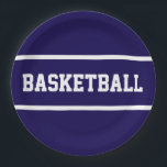 Sporty Navy Blue White BASKETBALL Text Stripes ペーパープレート<br><div class="desc">This sporty design features bold white BASKETBALL text and stripes against navy blue background.  The text and colors can be personalized.</div>