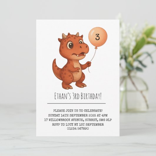Spotted Red Dino with Peach Balloon Birthday 招待状 (スタンド正面)