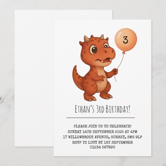 Spotted Red Dino with Peach Balloon Birthday 招待状 (正面/裏面)