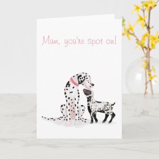 Spotty dalmation & lamb 'Mum, あなたはspot on'カード カード (黄色い花)