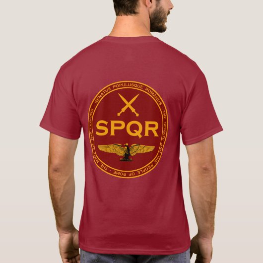 SPQRローマ軍隊のあずき色及び金ゴールドのシールのワイシャツ Tシャツ (裏面)