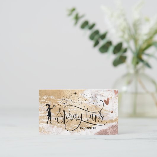 Spray tansスクリプト金ゴールドグリッターブラシストロークハート 名刺 (スタンド正面)