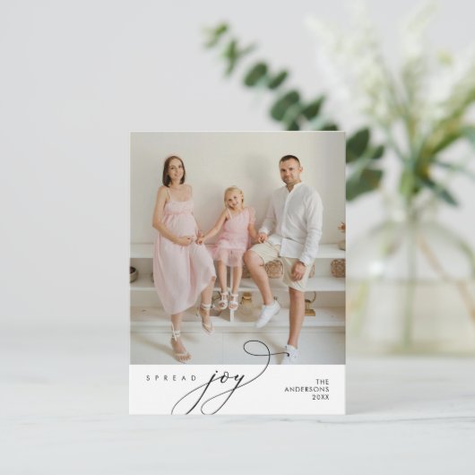 Spread Joy、家族写真、クリスマスグリーティング ポストカード (スタンド正面)