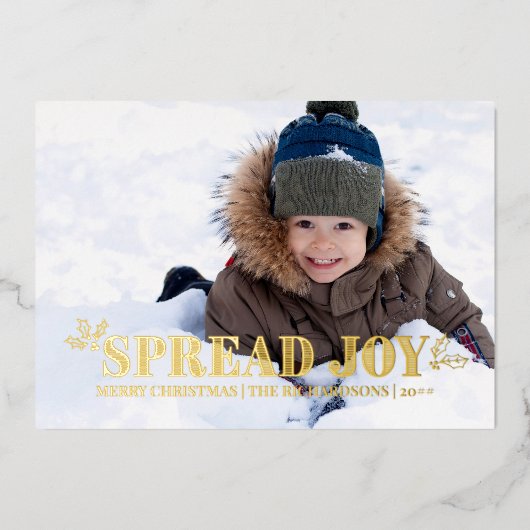 Spread Joy Landscapeフォトホリーブルーと金ゴールド 箔シーズンカード (正面)