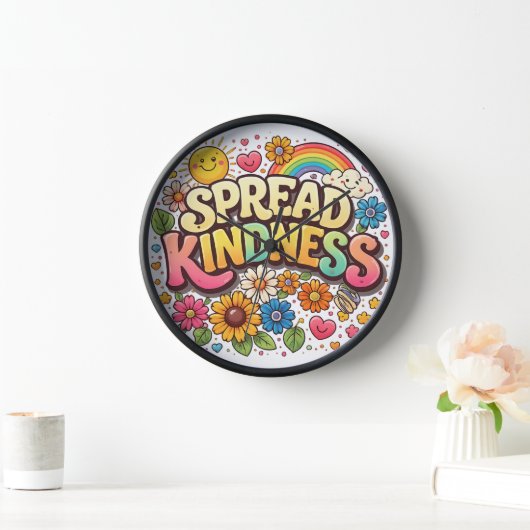 Spread Kindness – Cute Floral Rainbow 壁時計 (ホーム)