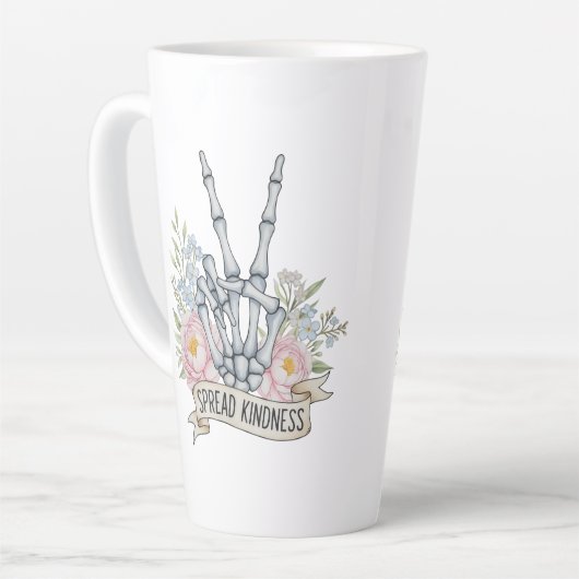 "Spread Kindness" Skeleton Peace Sign – Watercolor カフェラテマグ (左アングル)