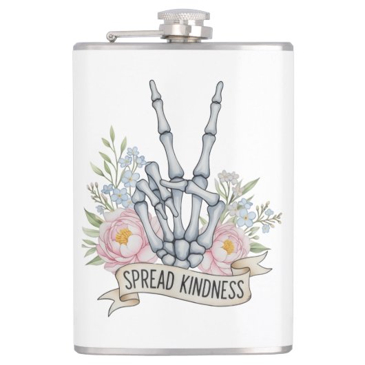 "Spread Kindness" Skeleton Peace Sign – Watercolor フラスク (正面)
