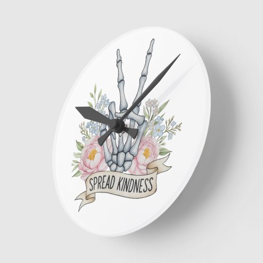 "Spread Kindness" Skeleton Peace Sign – Watercolor ラウンド壁時計 (傾斜)