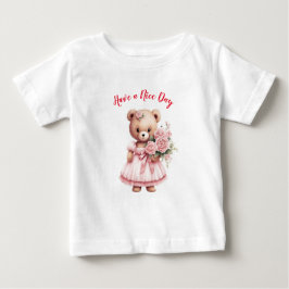Spreading Smiles: Teddy Bear with Flowers T-Shirt ベビーTシャツ