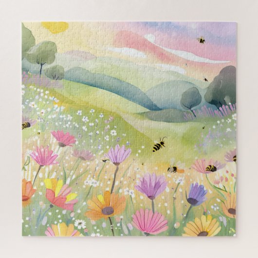 Spring Bees Flower Fields | Floral Colorful Nature ジグソーパズル (縦)