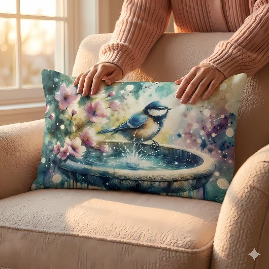 Spring Bird Bath Watercolor ランバークッション