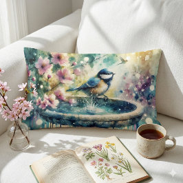 Spring Bird Bath Watercolor ランバークッション
