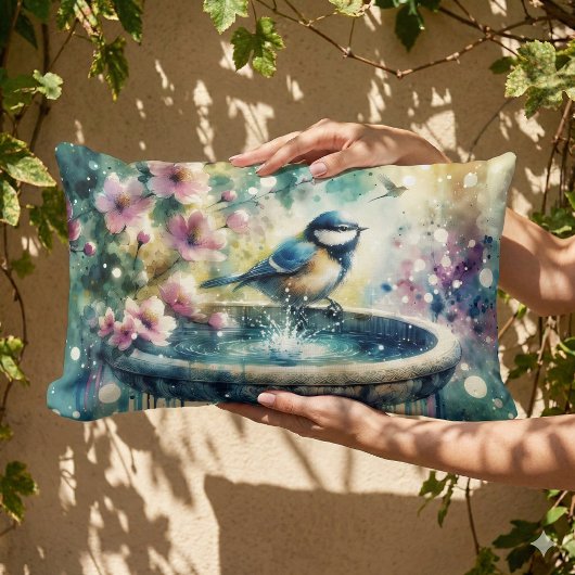 Spring Bird Bath Watercolor ランバークッション