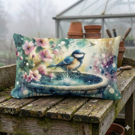 Spring Bird Bath Watercolor ランバークッション