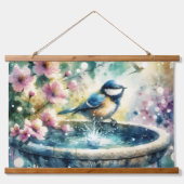 Spring Bird Bath Watercolor 吊り下げ型タペストリー (正面)