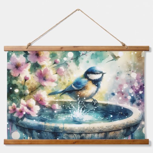 Spring Bird Bath Watercolor 吊り下げ型タペストリー (正面)