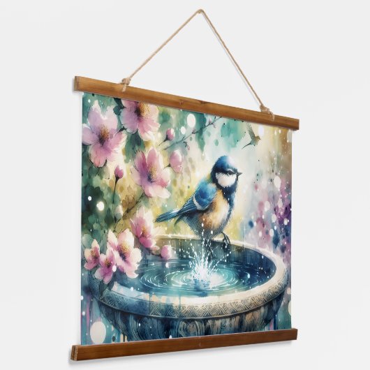 Spring Bird Bath Watercolor 吊り下げ型タペストリー (傾斜あり)