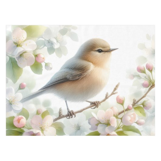 Spring Bird Cherry Blossom Floral Watercolor テーブルクロス (正面(横))