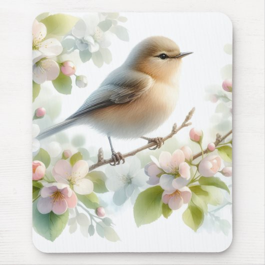 Spring Bird Cherry Blossom Floral Watercolor マウスパッド (正面)