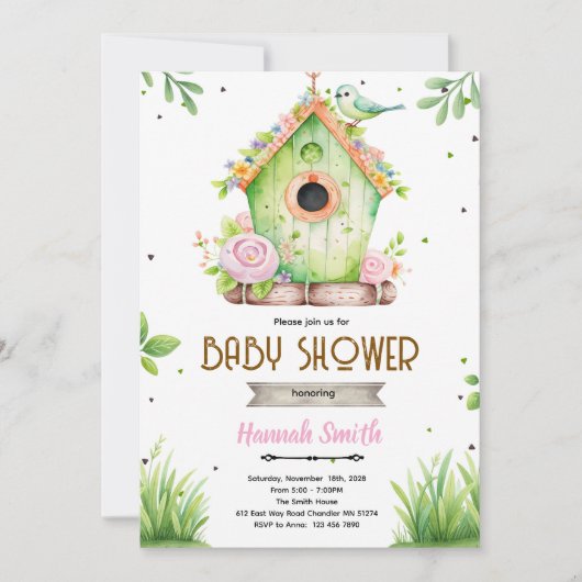 Spring bird nest baby shower invitation 招待状 (正面)