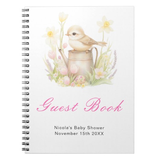 Spring Bird Watering Can Baby Shower Guest Book ノートブック (正面)