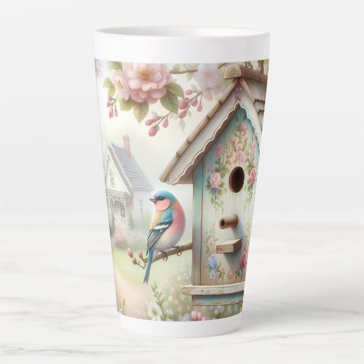 Spring Birdhouse With Pastel Flowers And Bird カフェラテマグ (正面)