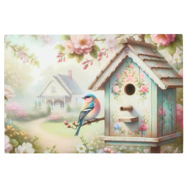 Spring Birdhouse With Pastel Flowers And Bird メタルプリント
