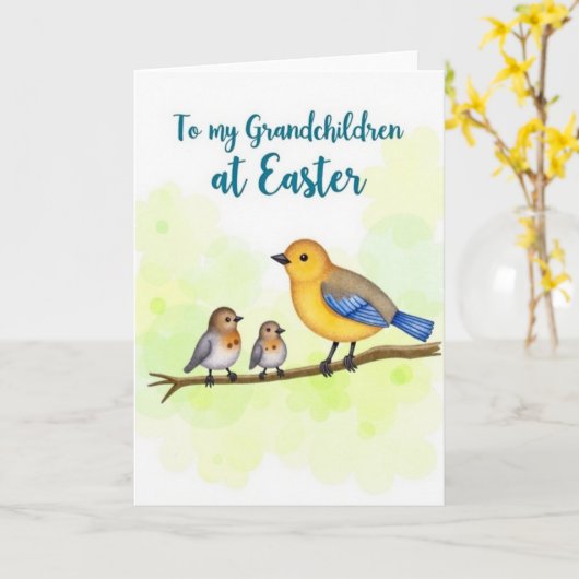 Spring Birds Grandchildren Easter Card カード (黄色い花)