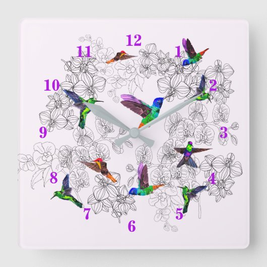 Spring Birds Wall Clock - Hummingbirds スクエア壁時計 (正面)
