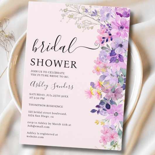Spring Bridal shower with wildflowers Purple Color 招待状