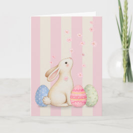 Spring Bunny and Eggs Pink Stripes 5x7 Easter Card サンキューカード