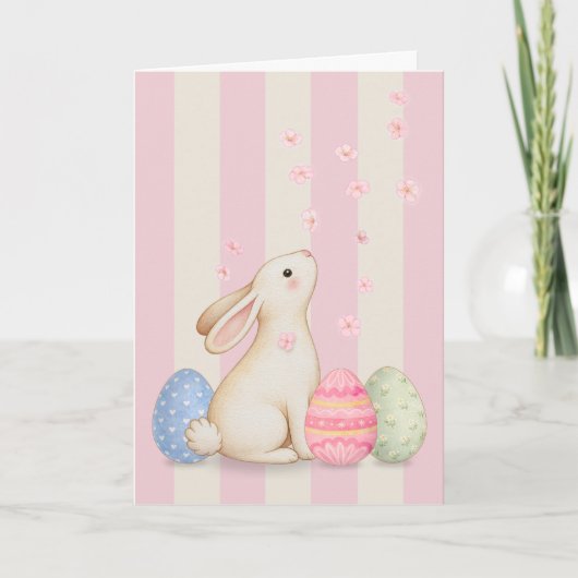 Spring Bunny and Eggs Pink Stripes 5x7 Easter Card サンキューカード (正面)
