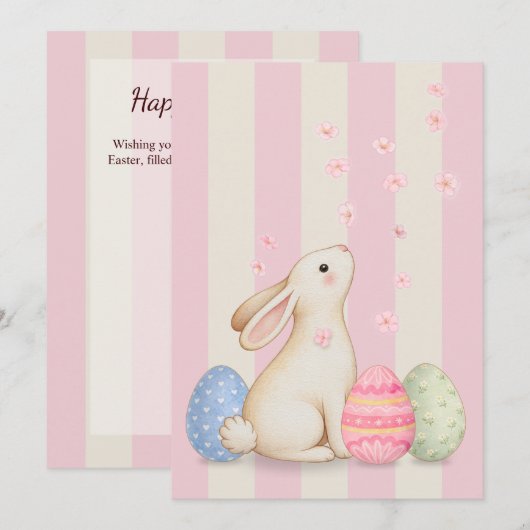 Spring Bunny and Eggs Stripes Flat Easter Card シーズンカード (正面/裏面)