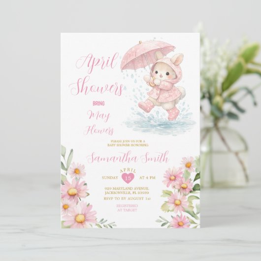 Spring Bunny Rain Boots Pink Floral April Showers  招待状 (スタンド正面)