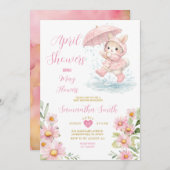 Spring Bunny Rain Boots Pink Floral April Showers  招待状 (正面/裏面)