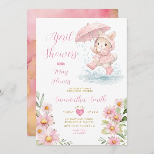 Spring Bunny Rain Boots Pink Floral April Showers  招待状 (正面/裏面)