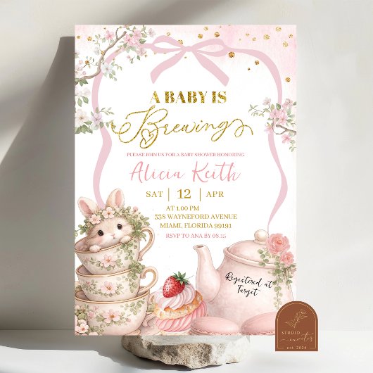 Spring Bunny Tea Baby Is Brewing Baby Shower 招待状