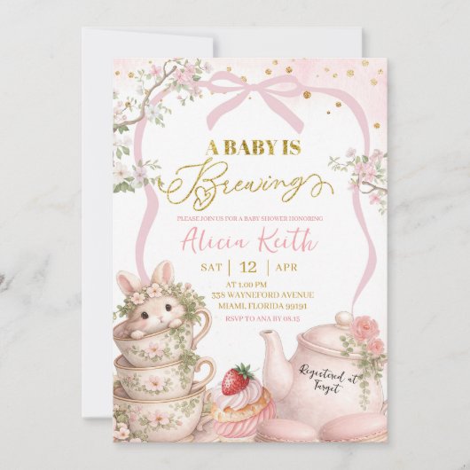 Spring Bunny Tea Baby Is Brewing Baby Shower 招待状 (正面)