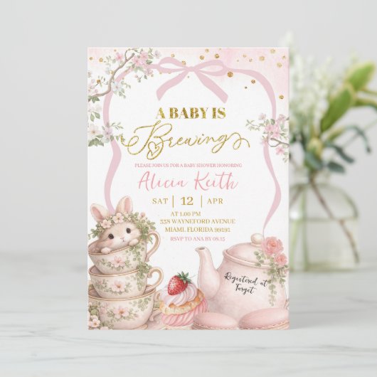 Spring Bunny Tea Baby Is Brewing Baby Shower 招待状 (スタンド正面)